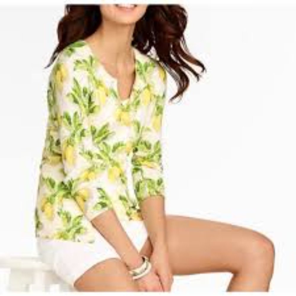 Talbots Lemon Print Cardigan Sweater with Brass Tone Buttons V-Neck Long Sleeve